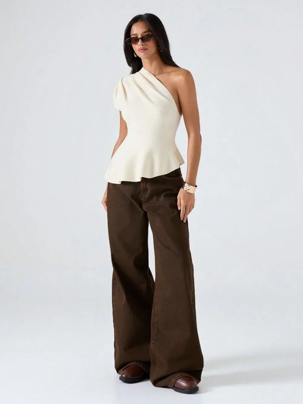 Beige Casual Women's Minimalism Asymmetric Neckline Ruched Elegant Knit Top - Picture 6 of 7